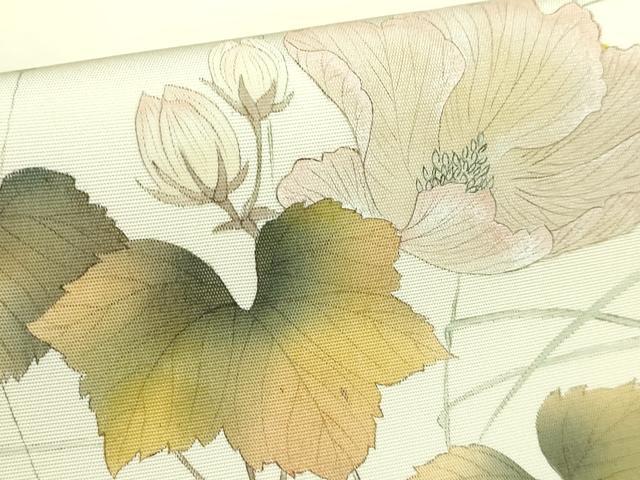 平和屋着物●極上　塩瀬　九寸開き名古屋帯　手描き　枝花に小鳥　象牙色地　逸品　DZAB2090kh6_3