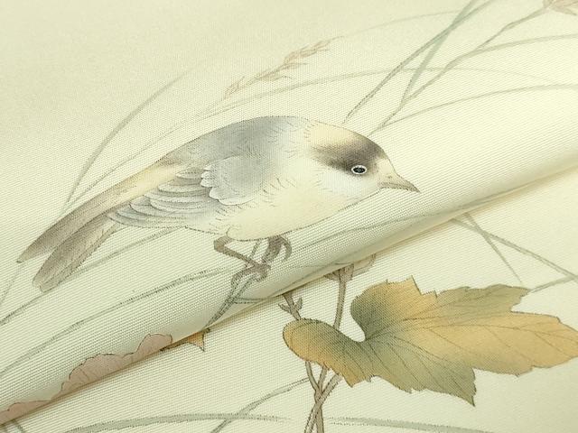 平和屋着物●極上　塩瀬　九寸開き名古屋帯　手描き　枝花に小鳥　象牙色地　逸品　DZAB2090kh6_2