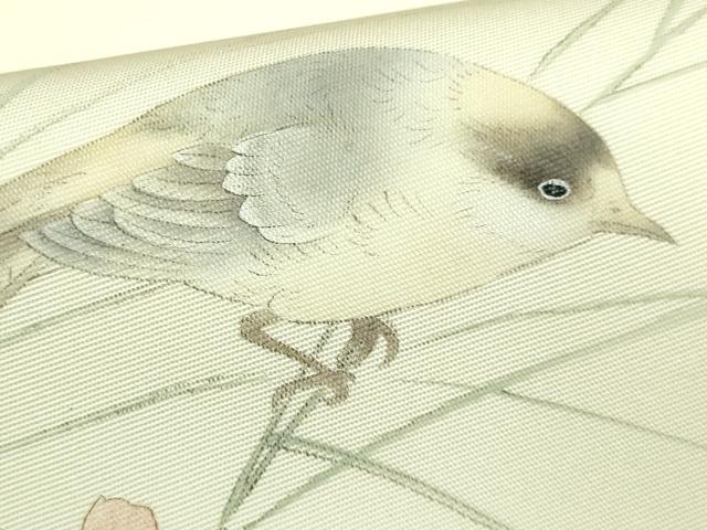 平和屋着物●極上　塩瀬　九寸開き名古屋帯　手描き　枝花に小鳥　象牙色地　逸品　DZAB2090kh6_4