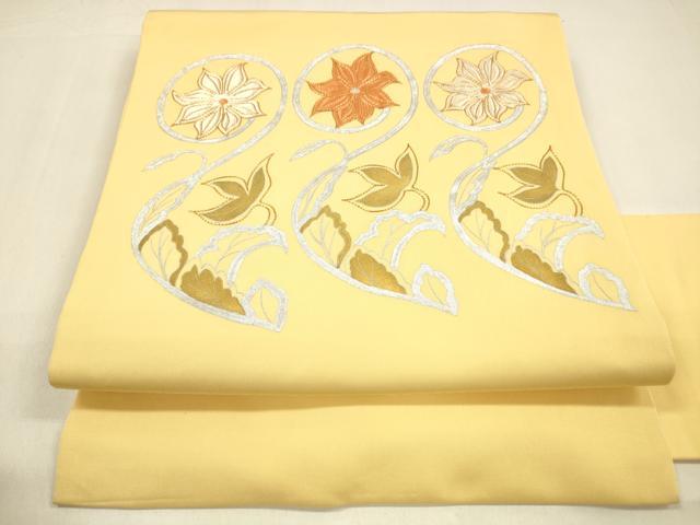 平和屋着物●塩瀬　九寸名古屋帯　駒刺繍　枝花文　金銀彩　正絹　逸品　DAAZ4454cm