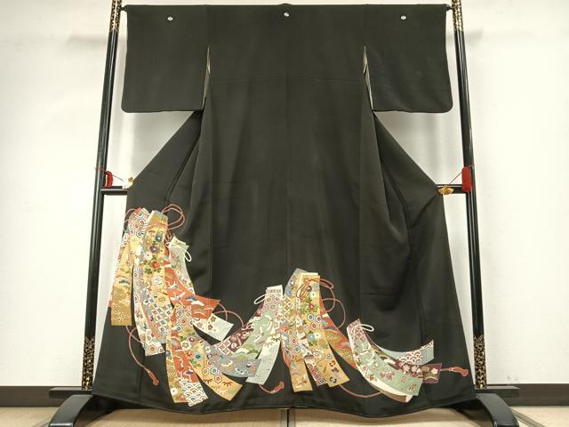 平和屋着物●豪華黒留袖　友禅　駒刺繍　熨斗花鳥文　黒地　正絹　逸品　AABD8519fy