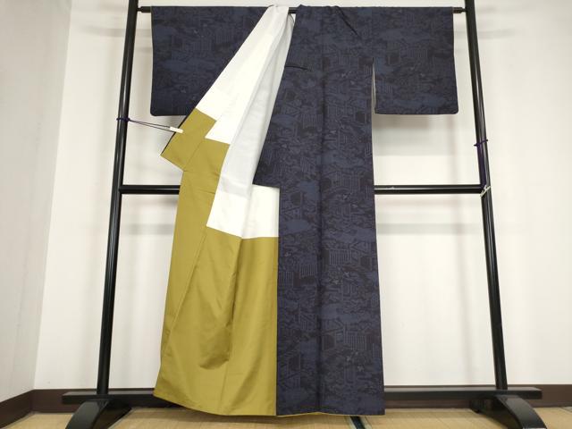 平和屋着物●結城紬　80亀甲　流水草花文　西武百貨店扱い　正絹　逸品　AABG7867cs 平和屋着物○結城紬 80亀甲 草花文 正絹 逸品 DABE9621du