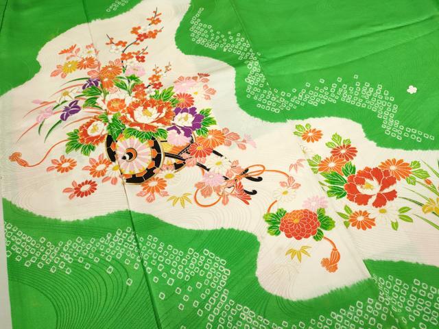 平和屋着物[]七五三　女の子　７歳　祝着　四つ身　長襦袢セット　絞り　駒刺繍　花車文　金彩　逸品　CABB2058ze_2