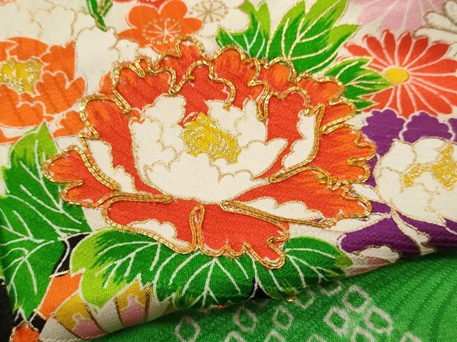 平和屋着物[]七五三　女の子　７歳　祝着　四つ身　長襦袢セット　絞り　駒刺繍　花車文　金彩　逸品　CABB2058ze_4
