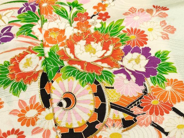 平和屋着物[]七五三　女の子　７歳　祝着　四つ身　長襦袢セット　絞り　駒刺繍　花車文　金彩　逸品　CABB2058ze_3