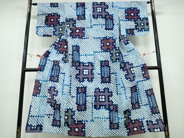 平和屋着物∴夏物　浴衣　有松鳴海絞り　井桁文様　綿　逸品　CABA0671ng