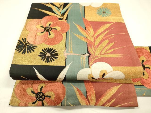 平和屋着物●アンティーク　大正ロマン　九寸名古屋帯　唐織　草花文　金糸　正絹　逸品　DABA0448cm