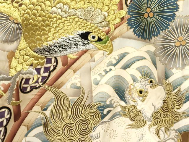 平和屋着物[]お宮参り　男の子　祝着　産着　初着　のしめ　刺繍　鷹　鷲　唐獅子　立波松文　暈し染め　金彩　逸品　DAAY3455ma_3