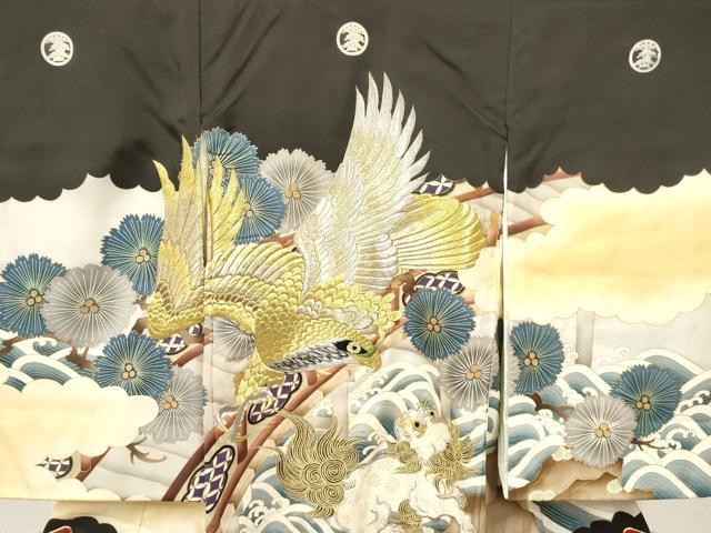 平和屋着物[]お宮参り　男の子　祝着　産着　初着　のしめ　刺繍　鷹　鷲　唐獅子　立波松文　暈し染め　金彩　逸品　DAAY3455ma_2