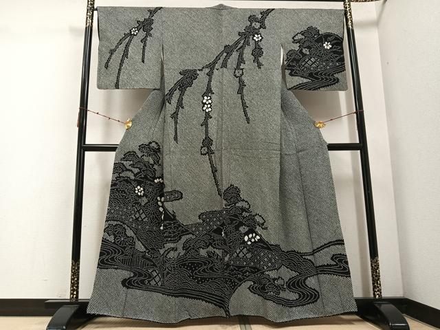 平和屋着物●訪問着　絞り　草花文　黒地　正絹　逸品　AABE2547ph