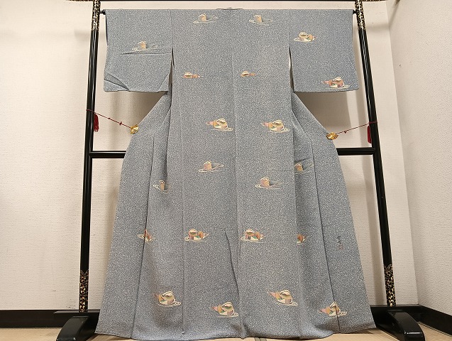 平和屋着物●訪問着　作家物　紫雲　鴛鴦　鬼しぼ縮緬　やまと誂製　正絹　逸品　AABE7381ph