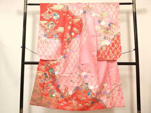 平和屋着物[]七五三　女の子　７歳　祝着　四つ身　長襦袢(単衣・半衿刺繍)セット　鳳凰　雪輪御所車花蝶文　金彩　逸品　DABA3569ma_1