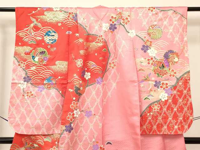 平和屋着物[]七五三　女の子　７歳　祝着　四つ身　長襦袢(単衣・半衿刺繍)セット　鳳凰　雪輪御所車花蝶文　金彩　逸品　DABA3569ma_3