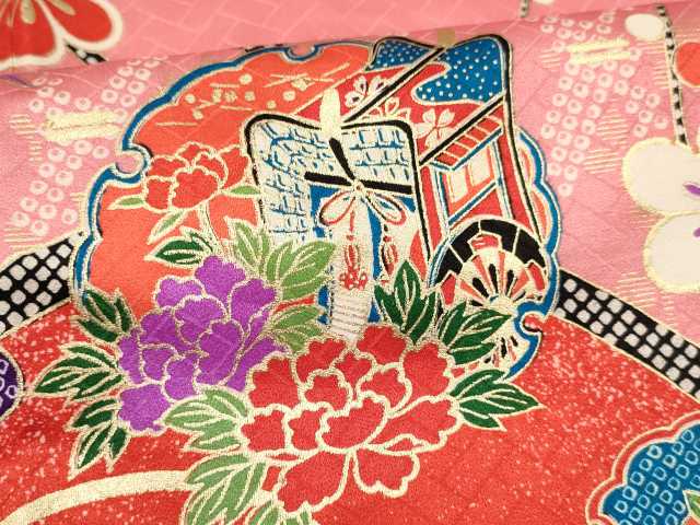 平和屋着物[]七五三　女の子　７歳　祝着　四つ身　長襦袢(単衣・半衿刺繍)セット　鳳凰　雪輪御所車花蝶文　金彩　逸品　DABA3569ma_5