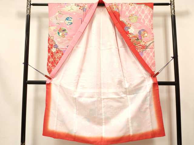 平和屋着物[]七五三　女の子　７歳　祝着　四つ身　長襦袢(単衣・半衿刺繍)セット　鳳凰　雪輪御所車花蝶文　金彩　逸品　DABA3569ma_2