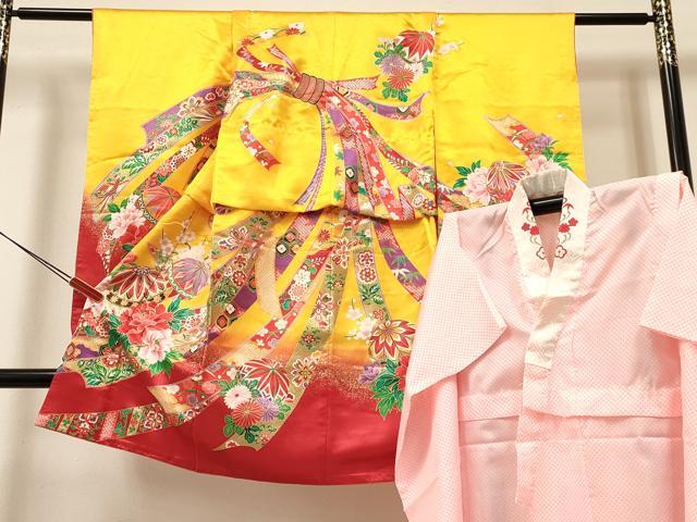平和屋着物[]七五三　女の子　３歳　祝着　三つ身　長襦袢(単衣・半衿刺繍)セット　束ね熨斗鞠花文　暈し染め　金彩　DABA3611ma