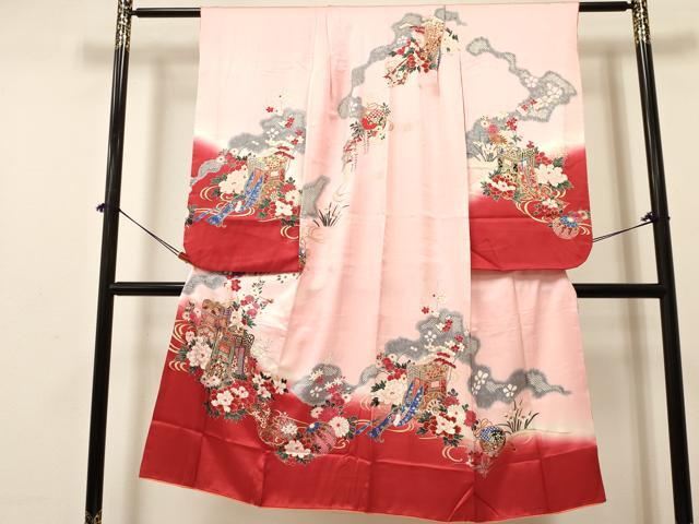 平和屋着物[]七五三　女の子　７歳　祝着　四つ身　御所車鞠花文　暈し染め　金彩　逸品　DABA3636ma