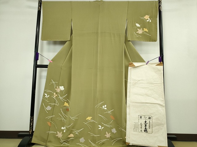 平和屋本店●極上　銀座　志ま亀　訪問着　吹寄せ文　黄海松茶色地　金彩　たとう紙付き　逸品　DZAA4872kh6