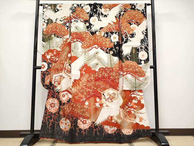 平和屋本店●極上　アンティーク　大正ロマン　中国三大刺繍　相良刺繍　振袖　駒刺繍　飛鶴枝松文　金彩　逸品　CYAA4435s6 平和屋本店○極上 アンティーク 大正ロマン 中国三大刺繍 相良刺繍