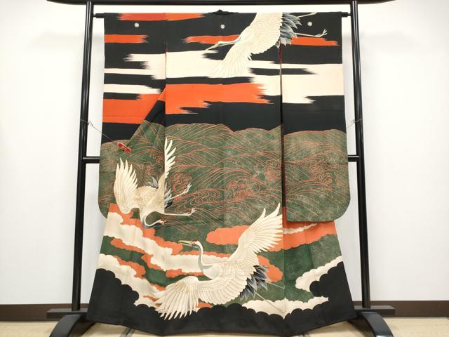平和屋本店●極上　アンティーク　大正ロマン　中国三大刺繍　相良刺繍　振袖　飛鶴立波文　金彩　逸品　CYAA4434s6