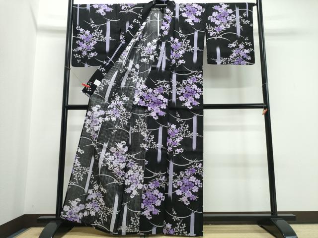 平和屋着物∴夏物　浴衣　草花文　黒地　綿　逸品　CABB6556ng_2