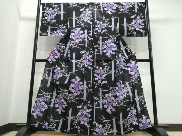 平和屋着物∴夏物　浴衣　草花文　黒地　綿　逸品　CABB6556ng_1