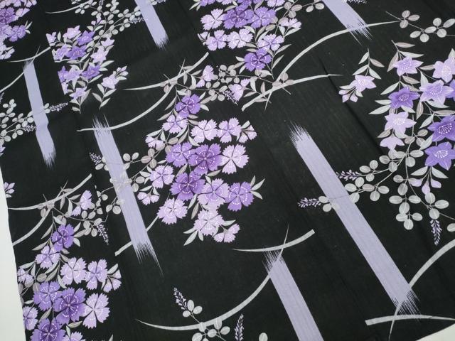 平和屋着物∴夏物　浴衣　草花文　黒地　綿　逸品　CABB6556ng_3