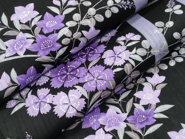 平和屋着物∴夏物　浴衣　草花文　黒地　綿　逸品　CABB6556ng