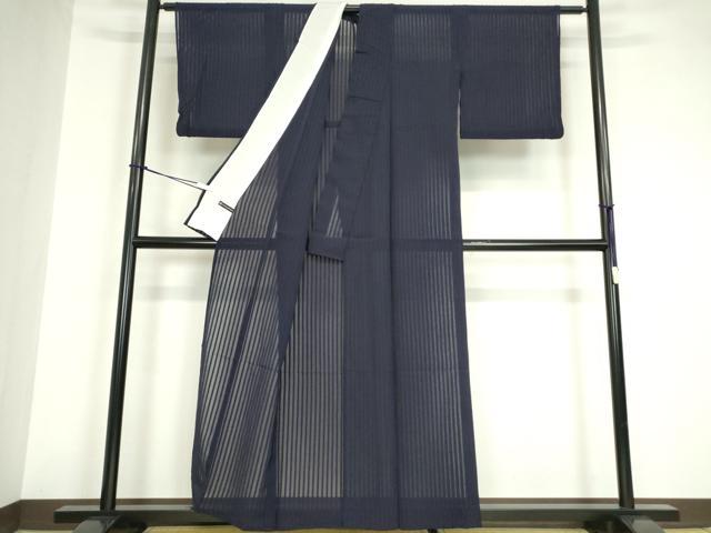 平和屋着物＊夏物　小紋　紗　縞　鉄紺色　松坂屋扱い　洗える着物　DABA4524az_2