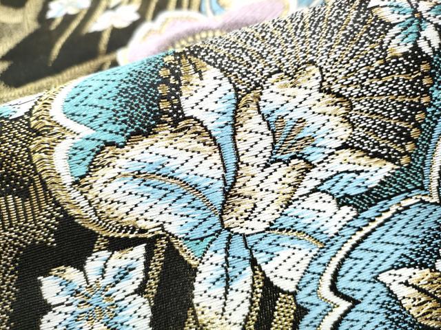 平和屋着物●六通柄袋帯　唐織　舞桜文　黒地　金糸　やまと誂製　正絹　逸品　CABC5429hy 平和屋着物○六通柄袋帯 唐織 舞桜文 黒地 金糸 やまと誂製 正絹 逸品