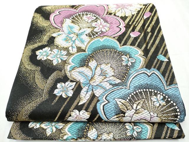 平和屋着物●六通柄袋帯　唐織　舞桜文　黒地　金糸　やまと誂製　正絹　逸品　CABC5429hy 平和屋着物○六通柄袋帯 唐織 舞桜文 黒地 金糸 やまと誂製 正絹 逸品