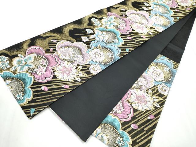 平和屋着物●六通柄袋帯　唐織　舞桜文　黒地　金糸　やまと誂製　正絹　逸品　CABC5429hy 平和屋着物○六通柄袋帯 唐織 舞桜文 黒地 金糸 やまと誂製 正絹 逸品