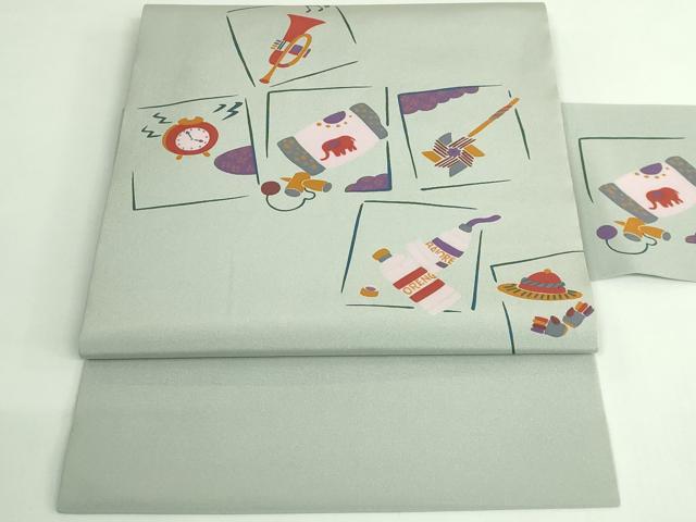 平和屋着物●極上　塩瀬　九寸名古屋帯　けん玉　時計　ラッパ　風車　玩具文様　灰色地　逸品　DZAB4202kh6