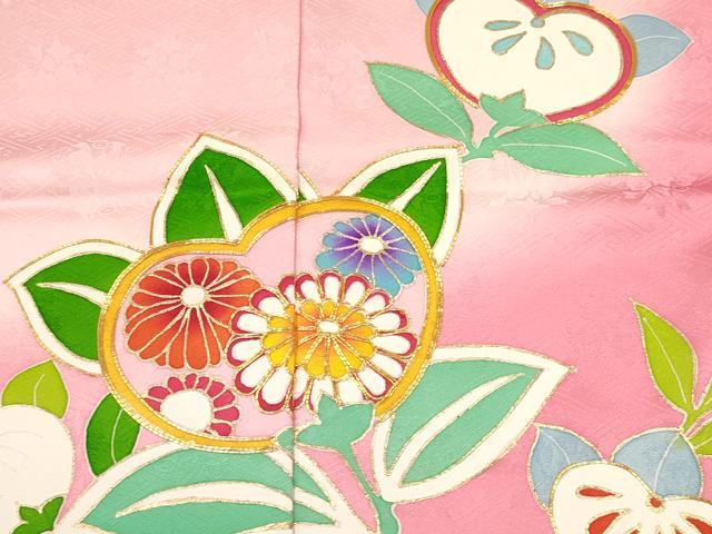 平和屋着物[]子供　女の子　駒刺繍　橘　草花文　暈し染め　金彩　仮絵羽　逸品　未使用　DABA3837ma_4
