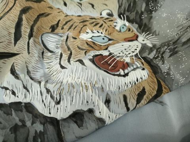 平和屋着物○男性 長襦袢 袷 手描き 立波に虎 暈し染め キングサイズ