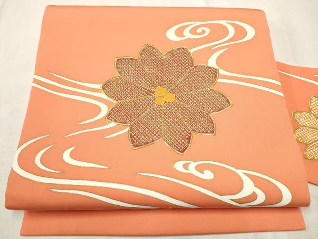 平和屋着物○塩瀬 九寸名古屋帯 駒刺繍 流水花文 金彩 正絹 逸品 