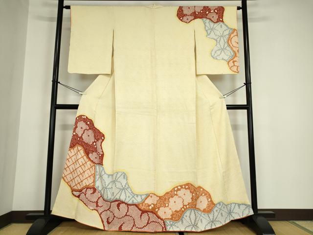 平和屋着物●訪問着　絞り　道長花文　金通し地　正絹　逸品　CABC9988vp 平和屋着物□訪問着 絞り 刺繍 道長地紙花文 金彩 正絹 逸品