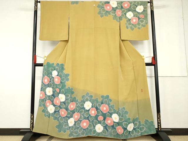 平和屋着物●絞り染師　清鈴　訪問着　絞り　草花文　椿　暈し染め　金彩　正絹　逸品　AABG0313cs