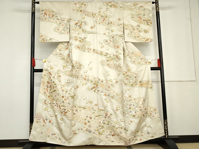 平和屋着物●総刺繍　訪問着　駒刺繍　中国三大刺繍　スワトウ刺繍　汕頭刺繍　流水吉祥草花文　金銀糸　金彩　正絹　逸品　AABG0394cs