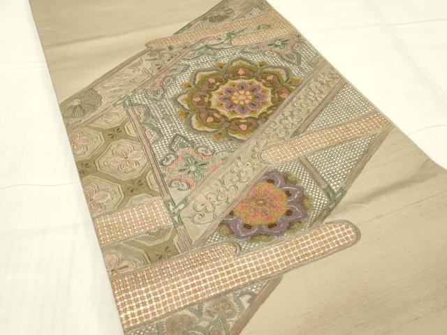 平和屋着物●中国三大刺繍　スワトウ刺繍　汕頭刺繍　相良刺繍　総刺繍　太鼓柄袋帯　紬地　正倉院花文　正絹　逸品　DABA4965az_1