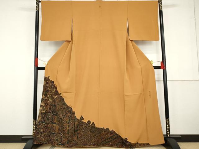 平和屋着物●前田仁仙　仁仙更紗　色留袖　更紗花鳥文　正絹　逸品　AABG2758cs
