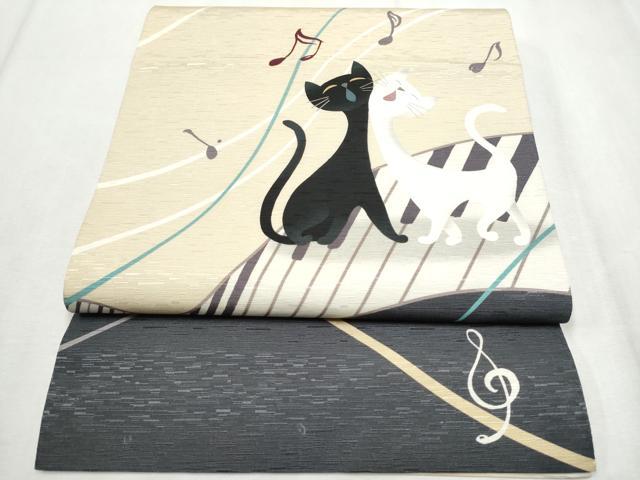 平和屋着物●全通柄　京袋帯　WAKKA　ワッカ　猫　ピアノ　音符　正絹　逸品　CABD5649hy
