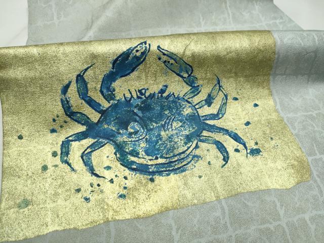 平和屋着物●北大路魯山人 　九寸名古屋帯　蟹　金彩　正絹　逸品　CABD5739hy 平和屋着物○北大路魯山人 九寸名古屋帯 蟹 金彩 正絹 逸品 CABD5739hy