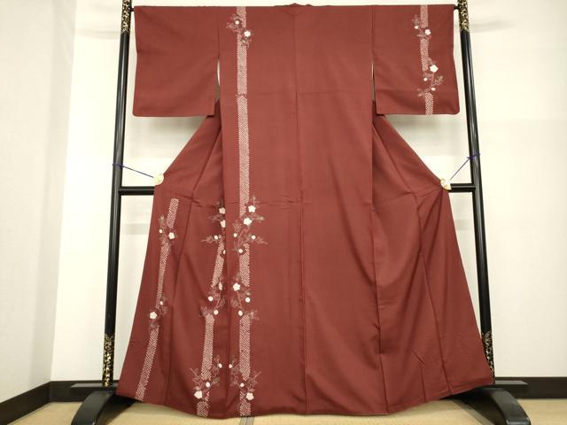 平和屋着物●訪問着　紬地　絞り　枝花文　銀彩　正絹　逸品　AABG3689ck