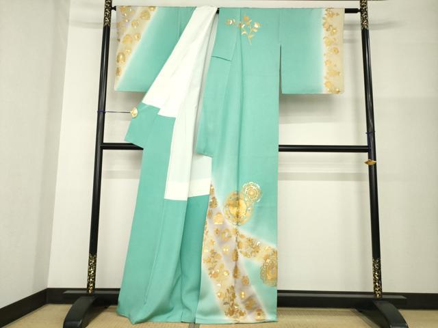 平和屋着物●金彩友禅作家　金彩の魔術師　堀省平　金煌織　訪問着　花鳥文　暈し染め　金銀彩　銀通し地　正絹　逸品　AABG3720ck_1