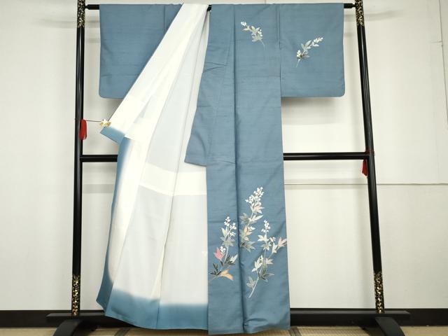 平和屋着物●本加賀友禅作家　成竹登茂男　訪問着　白山紬地　枝花文　正絹　逸品　AABG3569cs_1
