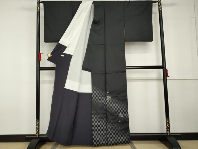 平和屋着物●訪問着　本場大島紬　染大島　蔦の葉文　黒地　金彩　正絹　逸品　AABG5397cs_1