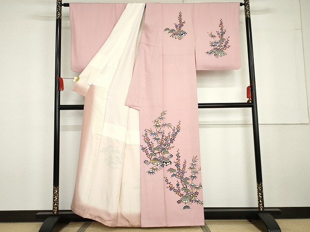 平和屋着物●本場琉球紅型　琉球びんがた　知念紅型研究所　知念貞男　訪問着　松竹梅　風景文　正絹　逸品　AABG5435cs_1