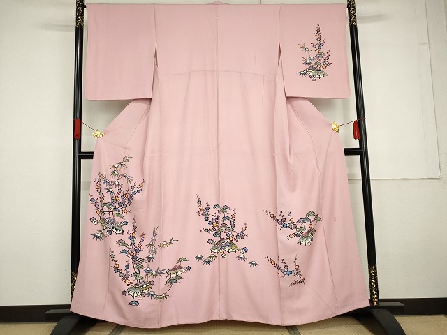 平和屋着物●本場琉球紅型　琉球びんがた　知念紅型研究所　知念貞男　訪問着　松竹梅　風景文　正絹　逸品　AABG5435cs