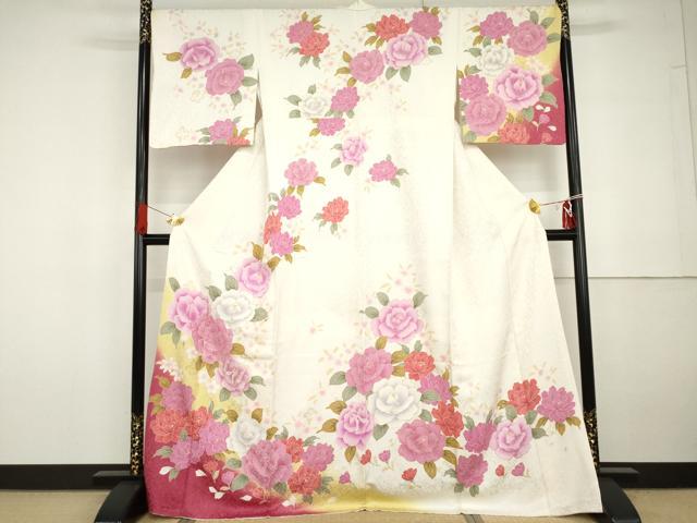 平和屋着物●訪問着　草花文　暈し染め　金彩　銀通し地　正絹　逸品　AABG6714cs